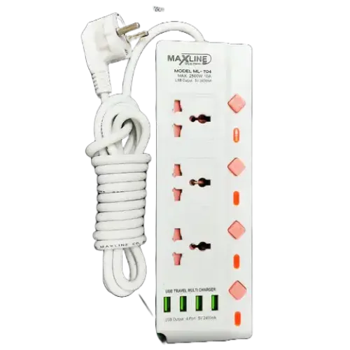 MaxLine ML-704 4 USB Port 3 Socket Multiplug Power Strip